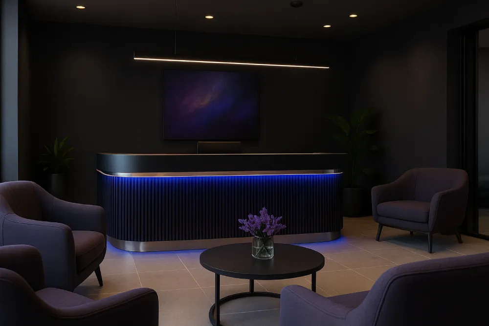 Modern med spa treatment room featuring a sleek aesthetic chair with pillows, advanced Cynosure laser device, glowing lotus wall logo, and skincare products on the counter
