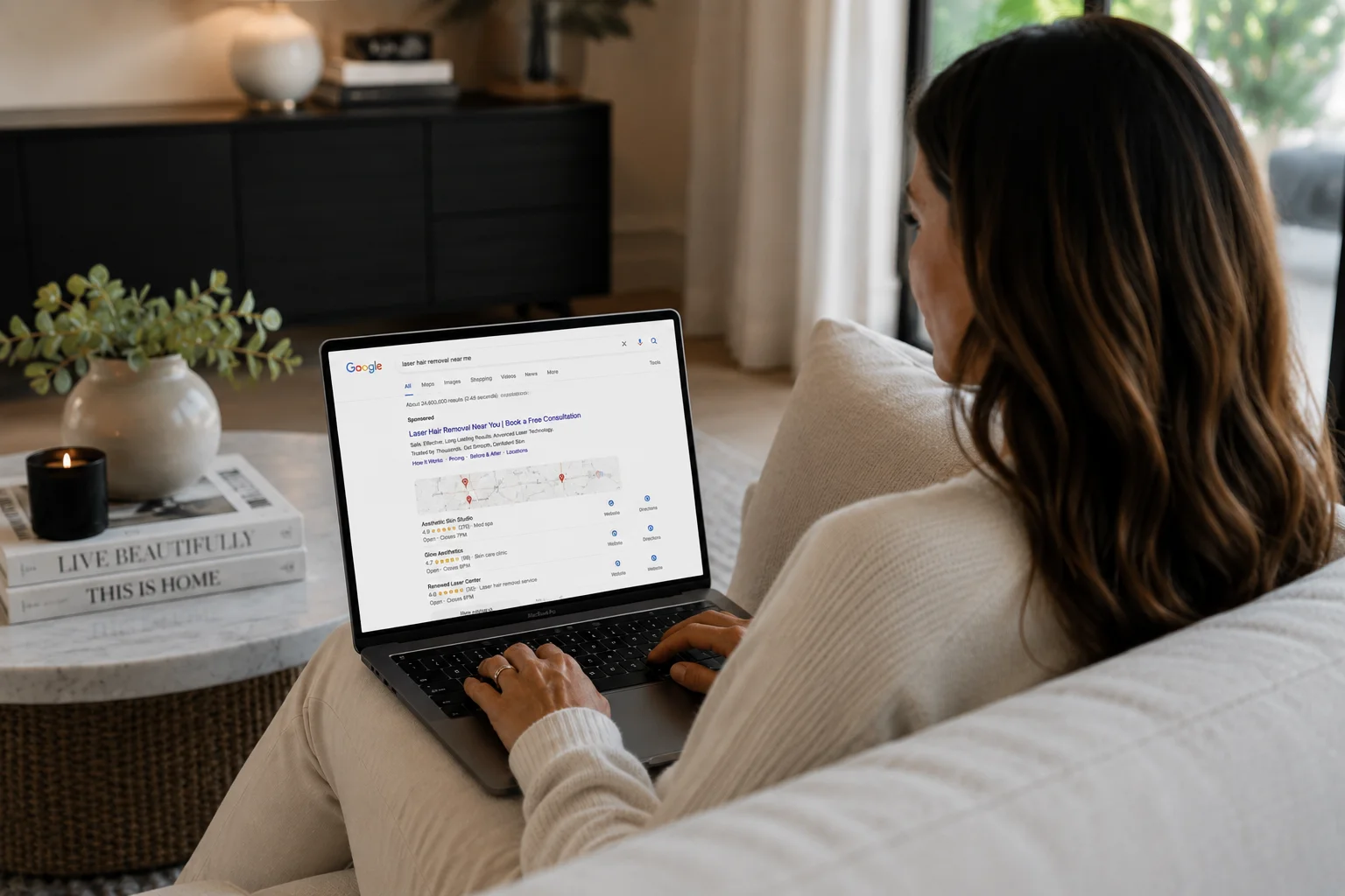 Woman researching laser hair removal on Google as part of her med spa treatment search.