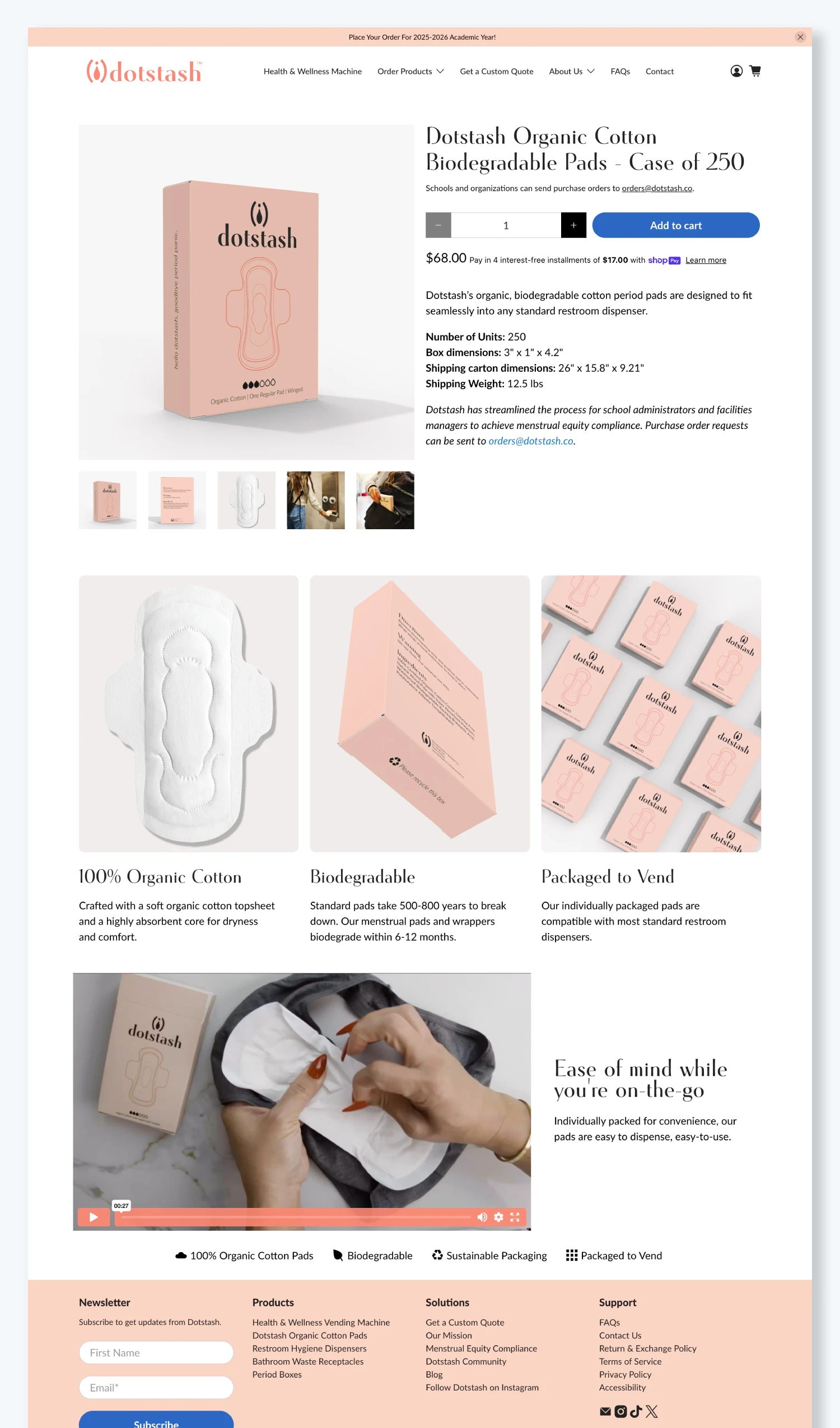 Product page design for Dotstash Organic Cotton Biodegradable Pads, created by Stranded Media. The page highlights sustainable menstrual pads packaged for vending, featuring product details, pricing, materials, and images showing organic cotton pads, biodegradable packaging, and on-the-go convenience.