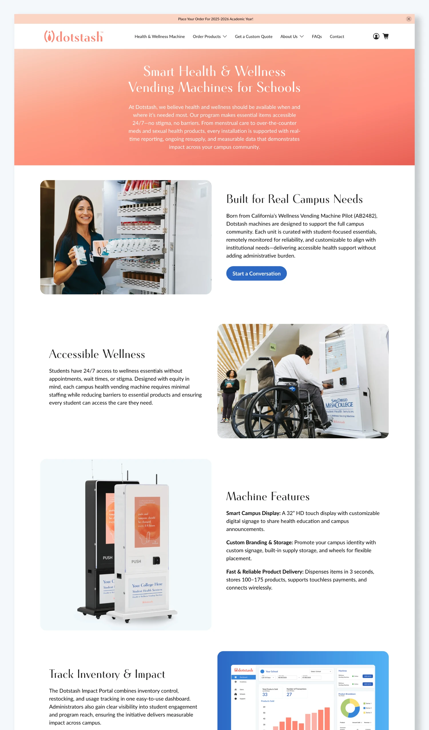 Full webpage view of the Dotstash Smart Health and Wellness Vending Machines for Schools page, designed by Stranded Media. The page highlights campus vending solutions, machine features, accessibility benefits, and real-time tracking through the Dotstash Impact Portal, promoting 24/7 access to essential health and wellness products for students.