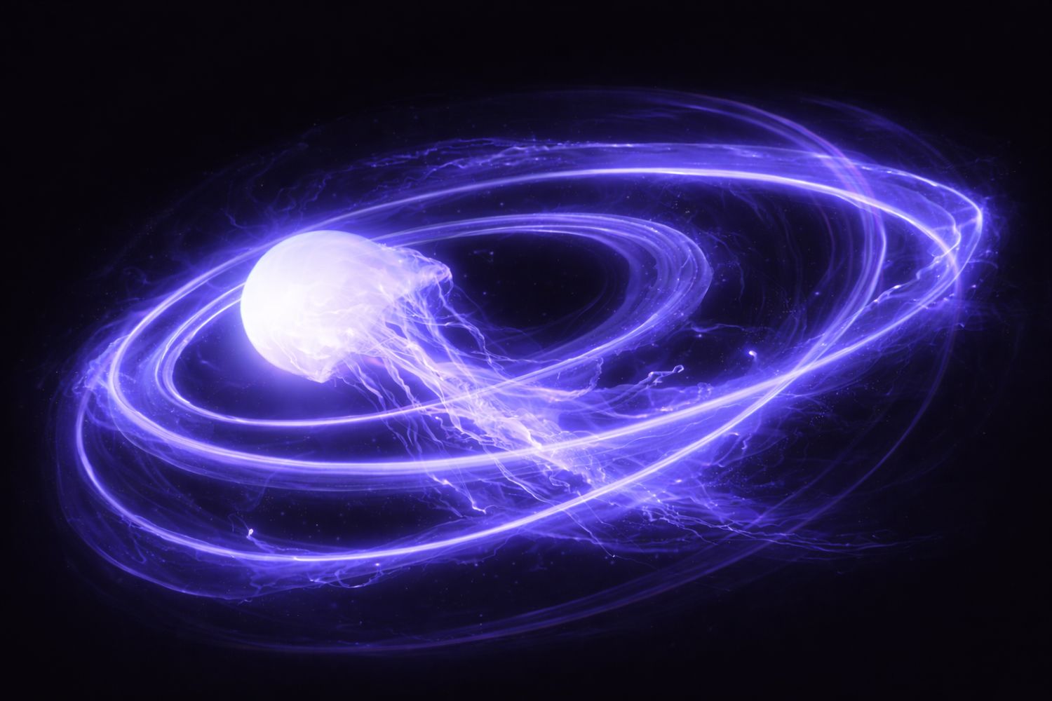 Abstract orbit visual with luminous energy rings pulling toward a central core, representing integrated growth and performance systems