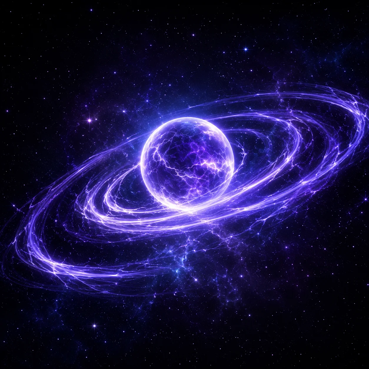 Unified marketing strategy represented by connected paths orbiting a central sphere