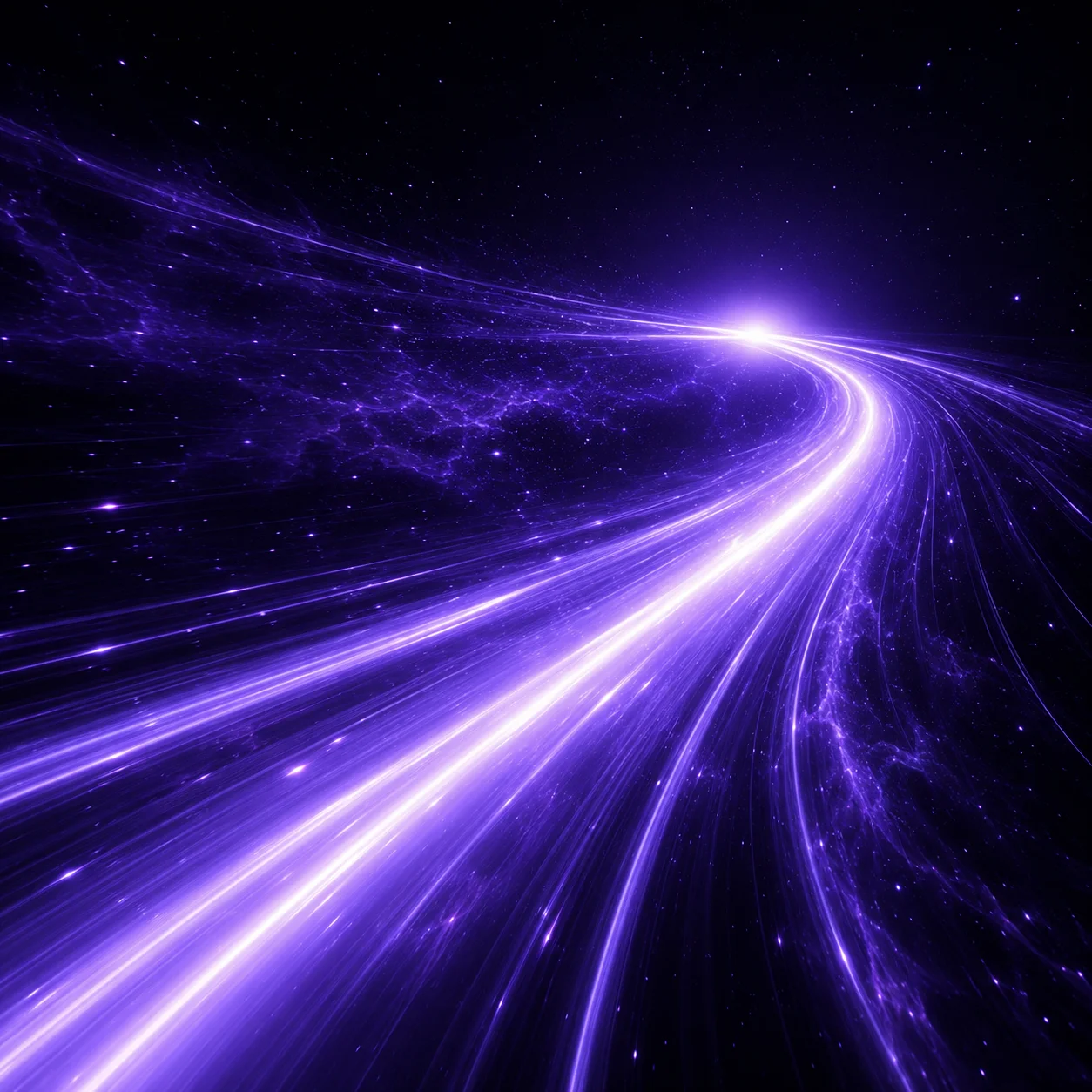 Purple energy paths converging toward a single point to represent focused marketing execution