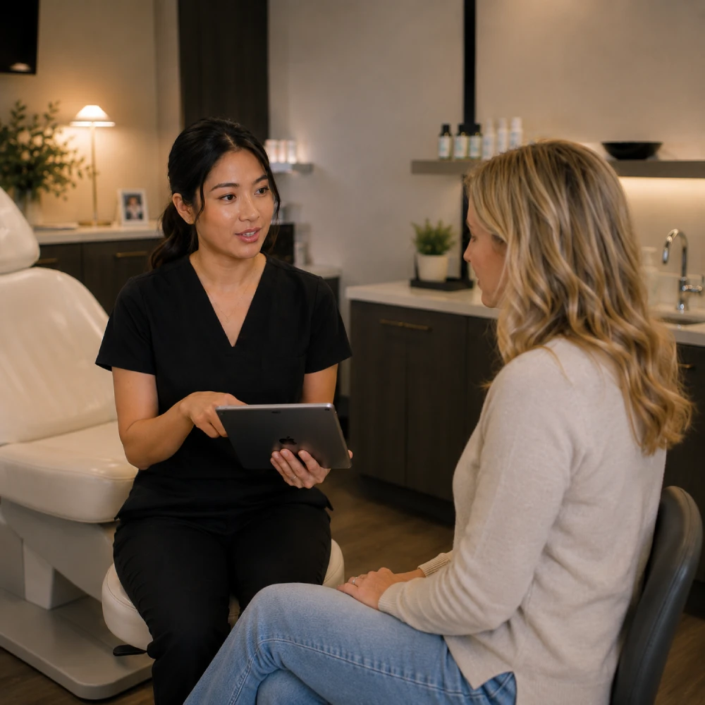 Aesthetic provider consulting with a patient about treatment options