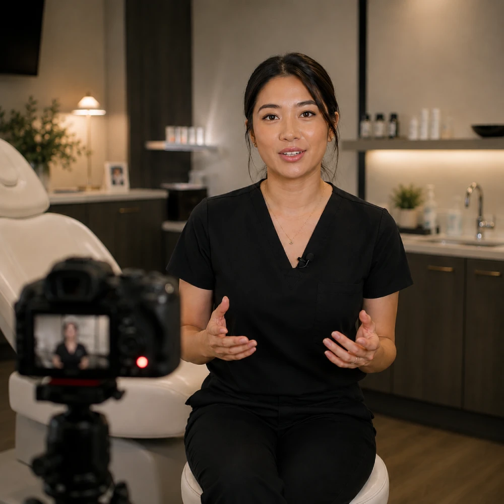 Aesthetic provider filming educational social media content in a treatment room