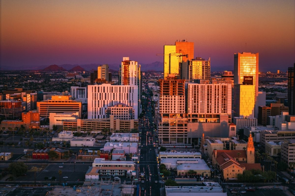 Phoenix and Scottsdale skyline at sunset for plastic surgery marketing