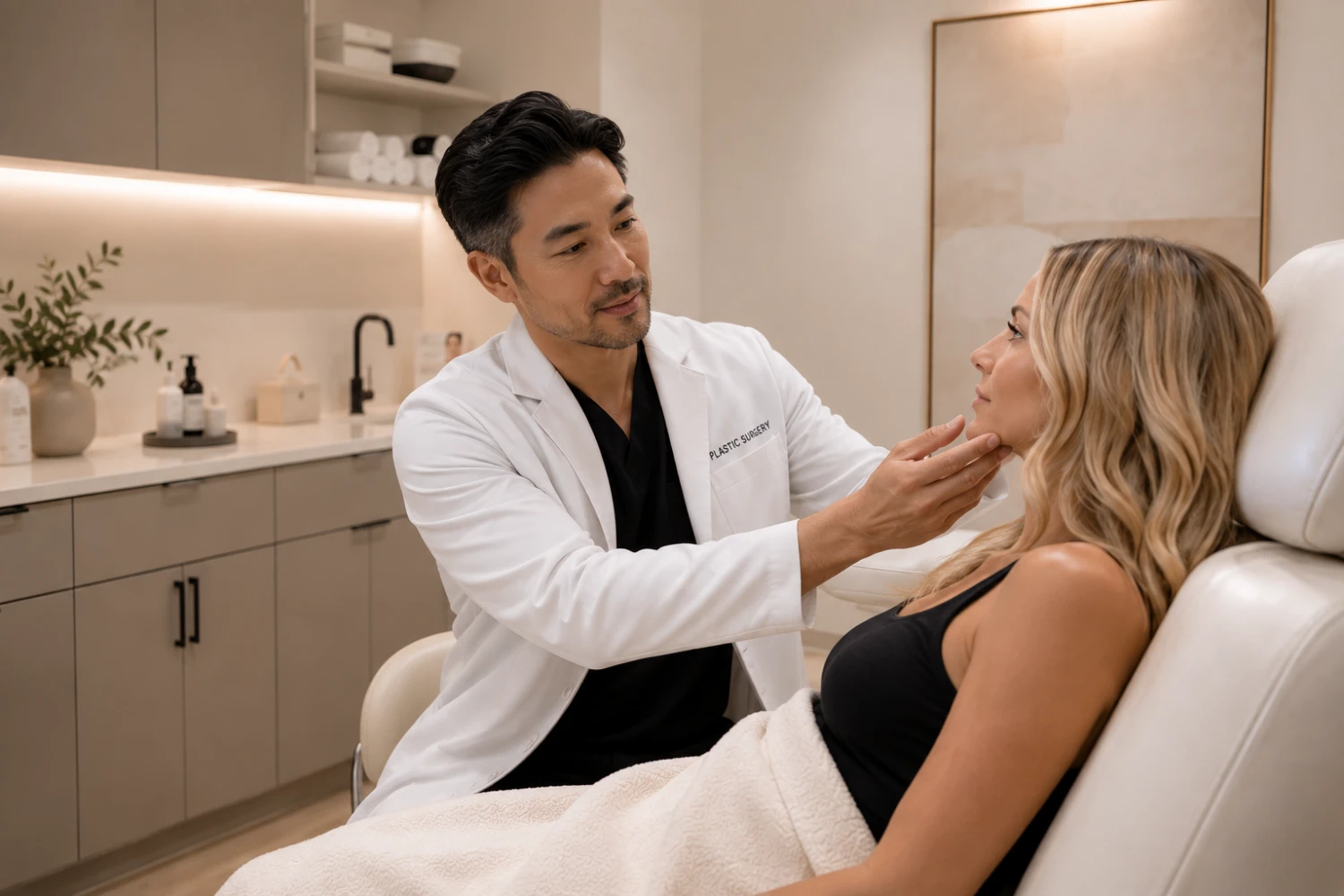 Plastic surgeon consulting with a patient in a New York City treatment room